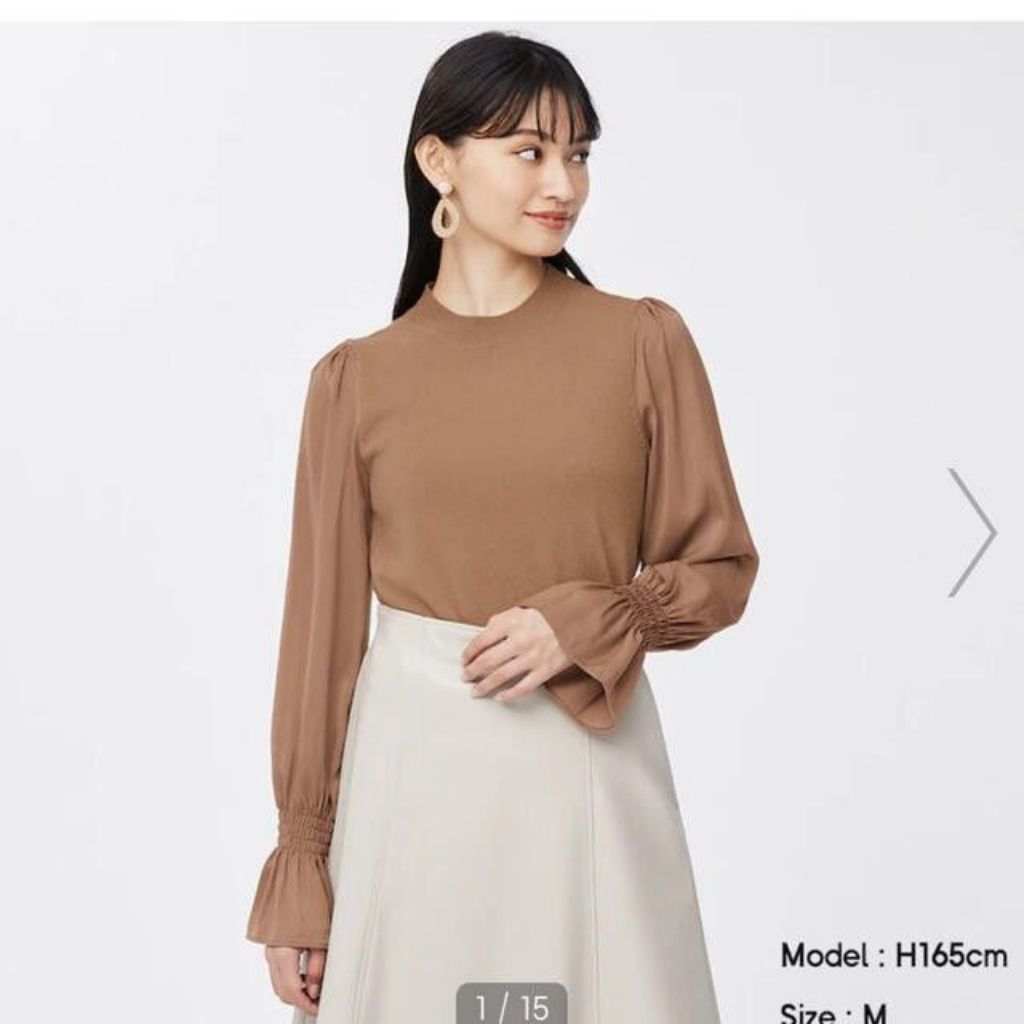 GU UNIQLO Atasan Blouse Top Rajut Mix Satin Lengan Terompet Karet Not Cardigan