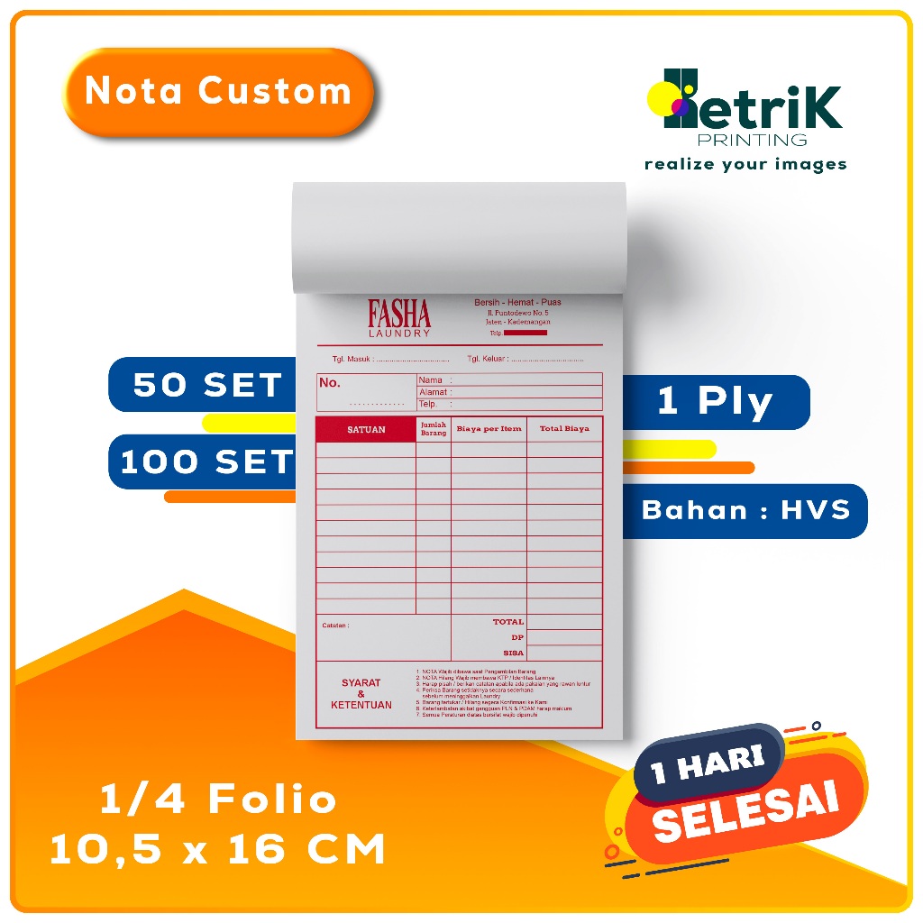 

Nota Laundry Custom 1 Ply 2 Ply Bahan HVS NCR 1 Hari Jadi Murah