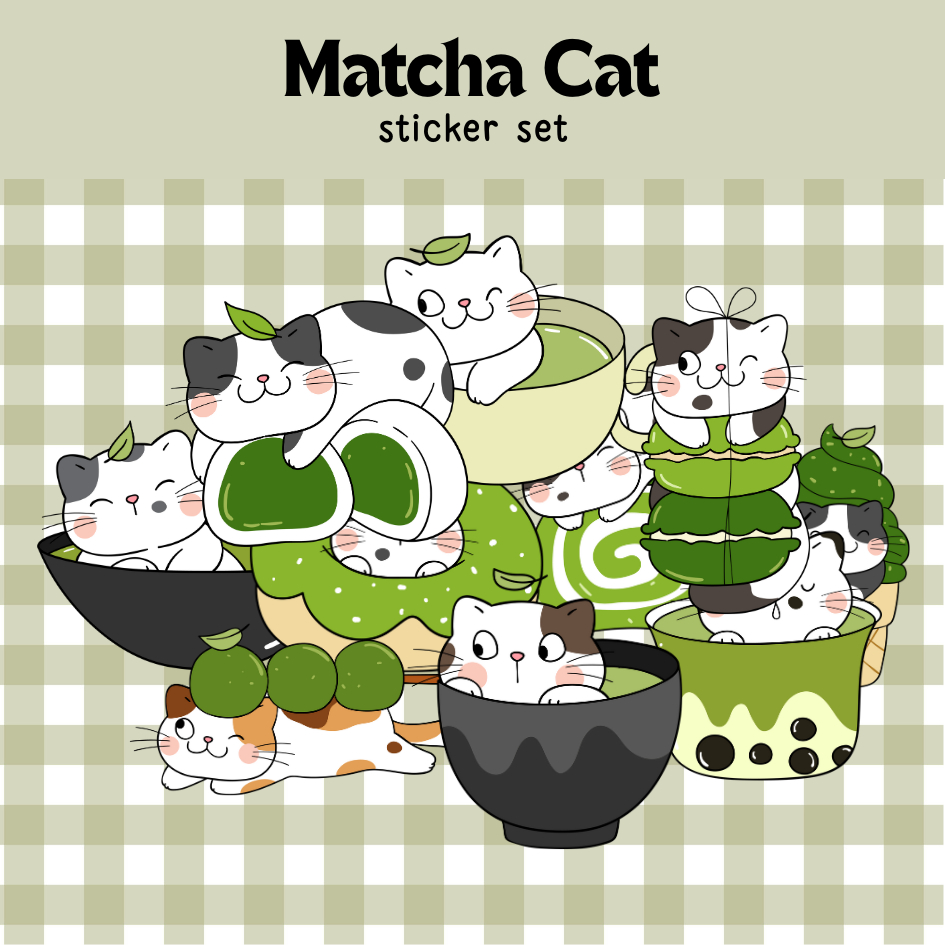 

10 PCS STICKER SET MATCHA CAT GREEN AESTHETIC MINI STIKER