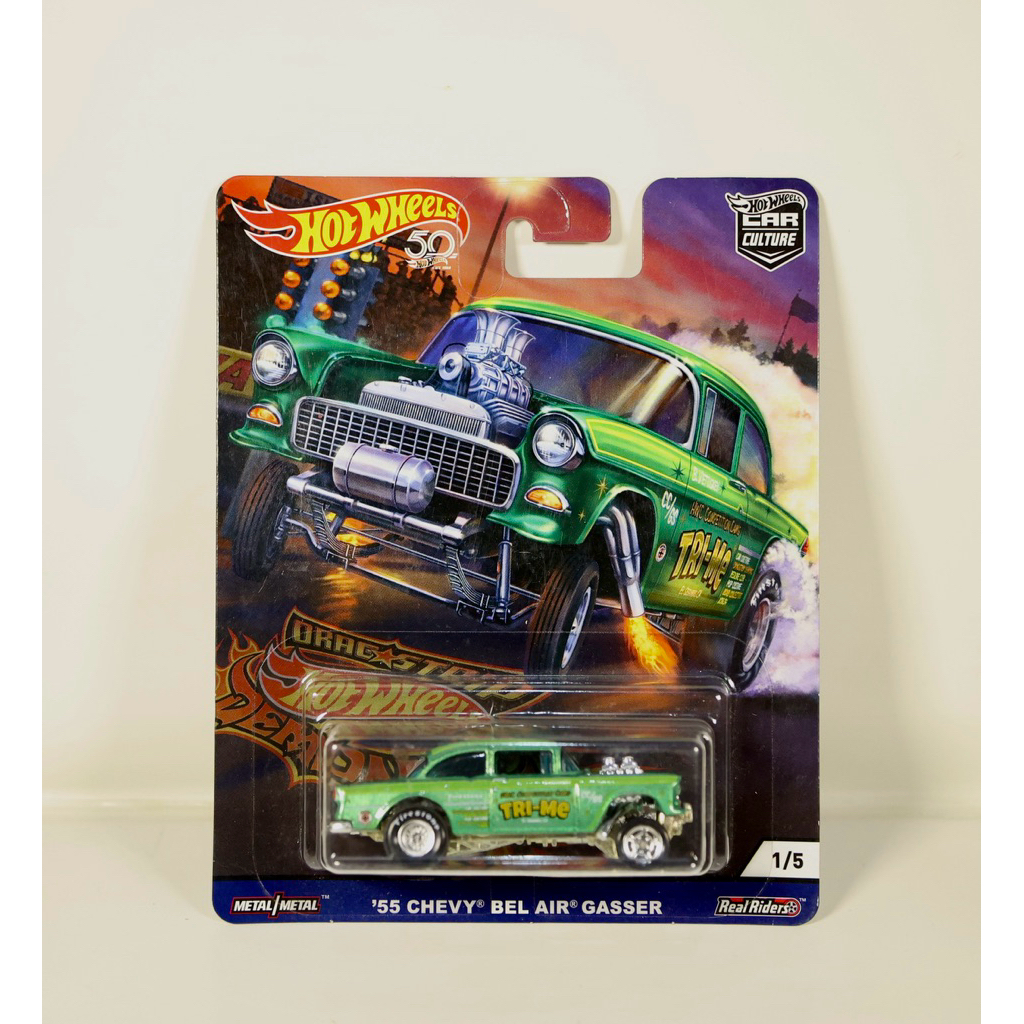 Diecast Hot Wheels Premium Drag Strip Demons 55 Chevy Bel Air Gasser green Tri-Me ban karet
