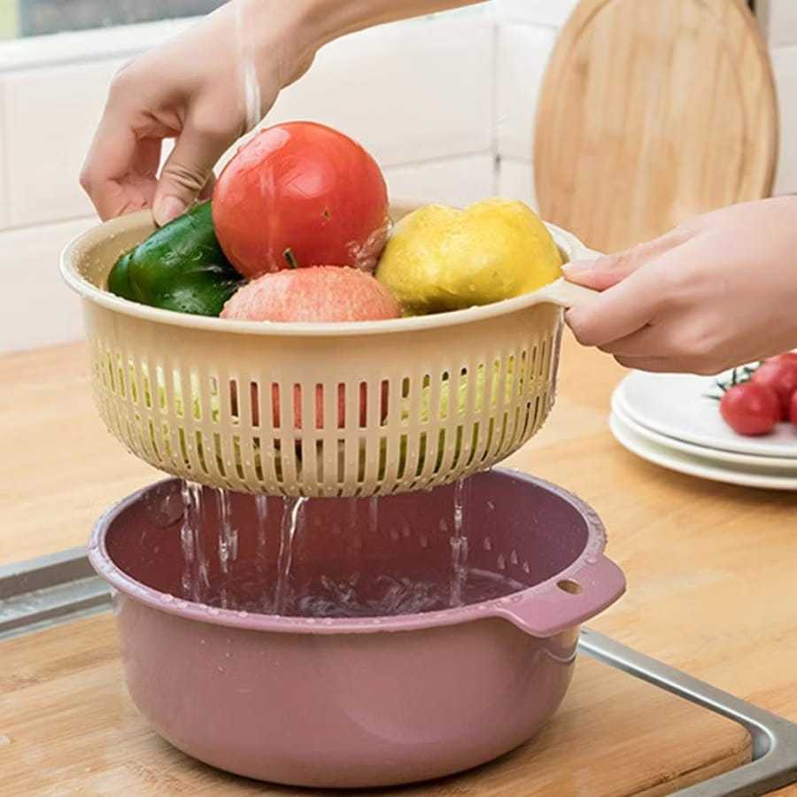 Baskom Saringan Plastik Bulat Set 2in1 Tirisan Cuci Buah Sayur Baskom Keranjang Pengering Sayur Sari