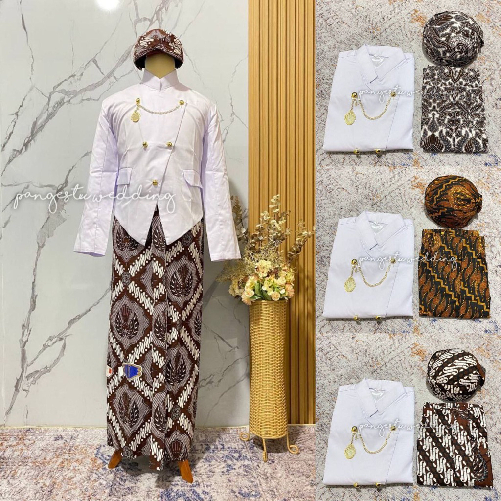 [SB8PT] Set Pakaian Adat Jawa - Beskap Solo Putih + Jarik Instan + Blangkon Solo