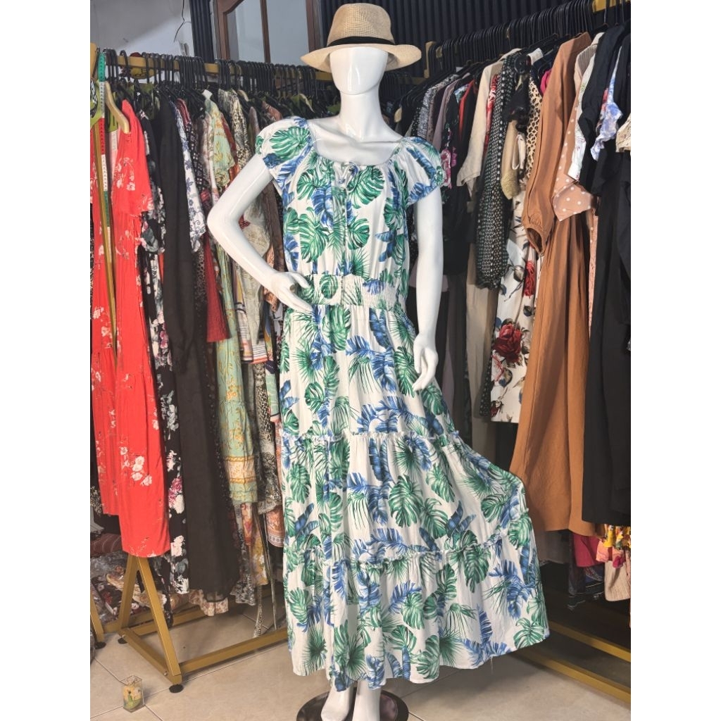 Dress Viscose Motif Bunga Bunga Sabrina Putih Hijau Baju Pantai SuPrem Katun Viscose