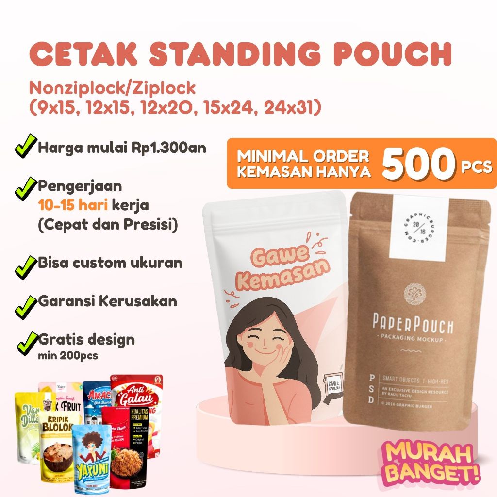 CUSTOM CETAK KEMASAN STANDING POUCH NON ZIPLOCK