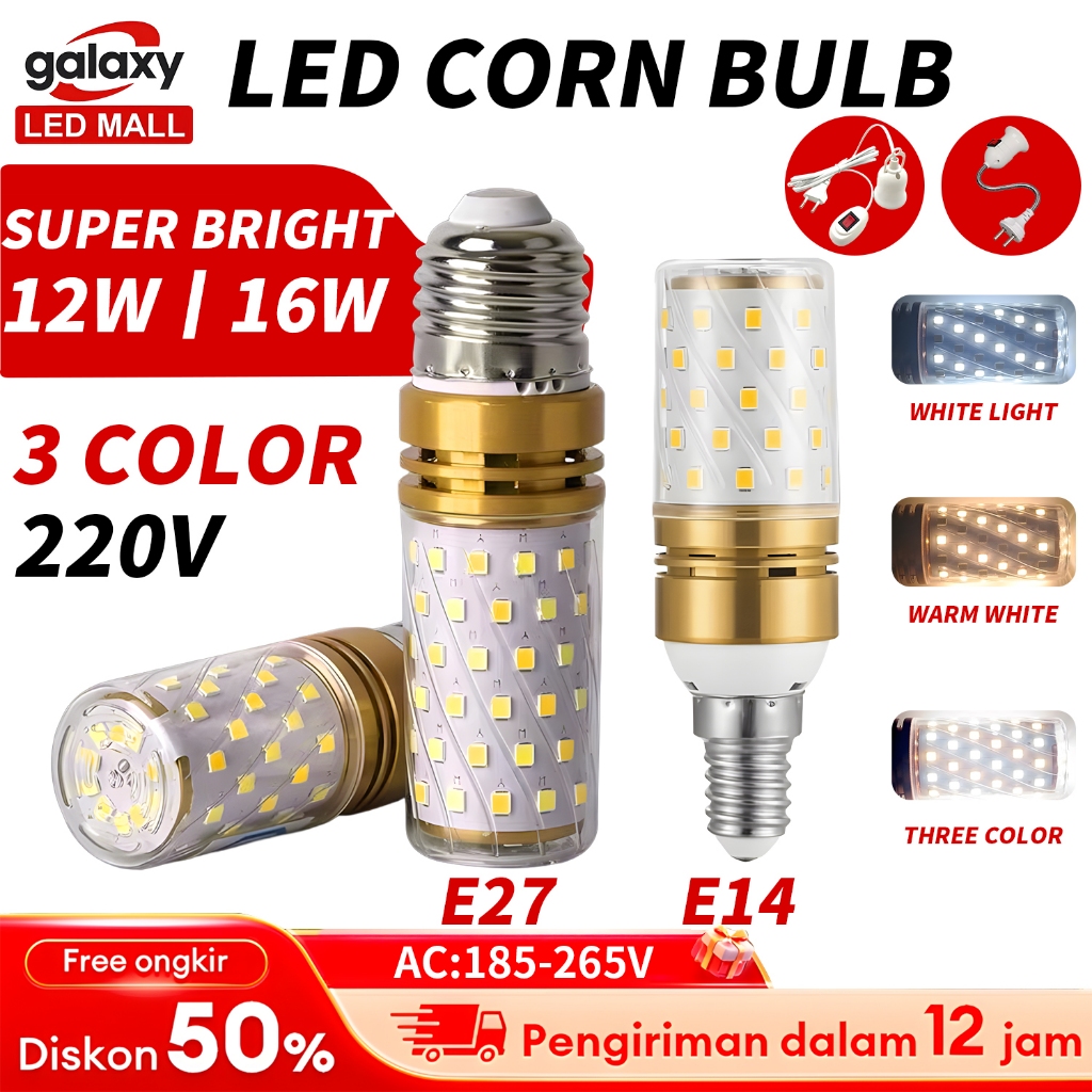 12W 16W E27 E14 3 WARNA LAMPU BOLA LAMPU HIAS LED BULB  PUTIH LAMPU JAGUNG