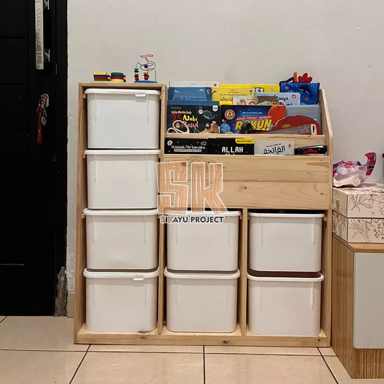 Rak Mainan Anak Minimalis 8 Box + Rak Buku Atas - Rak Buku Trofast Minimalis Kayu Jati Anak Serbagun