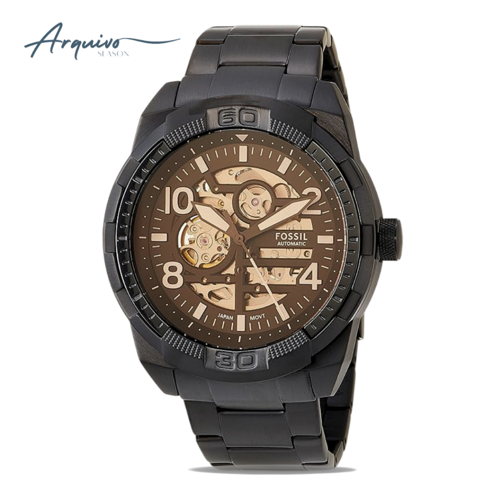 Jam Tangan Pria Fossil Bronson Men Automatic Skeleton Black Dial Black Stainless Steel Watch Mewah S