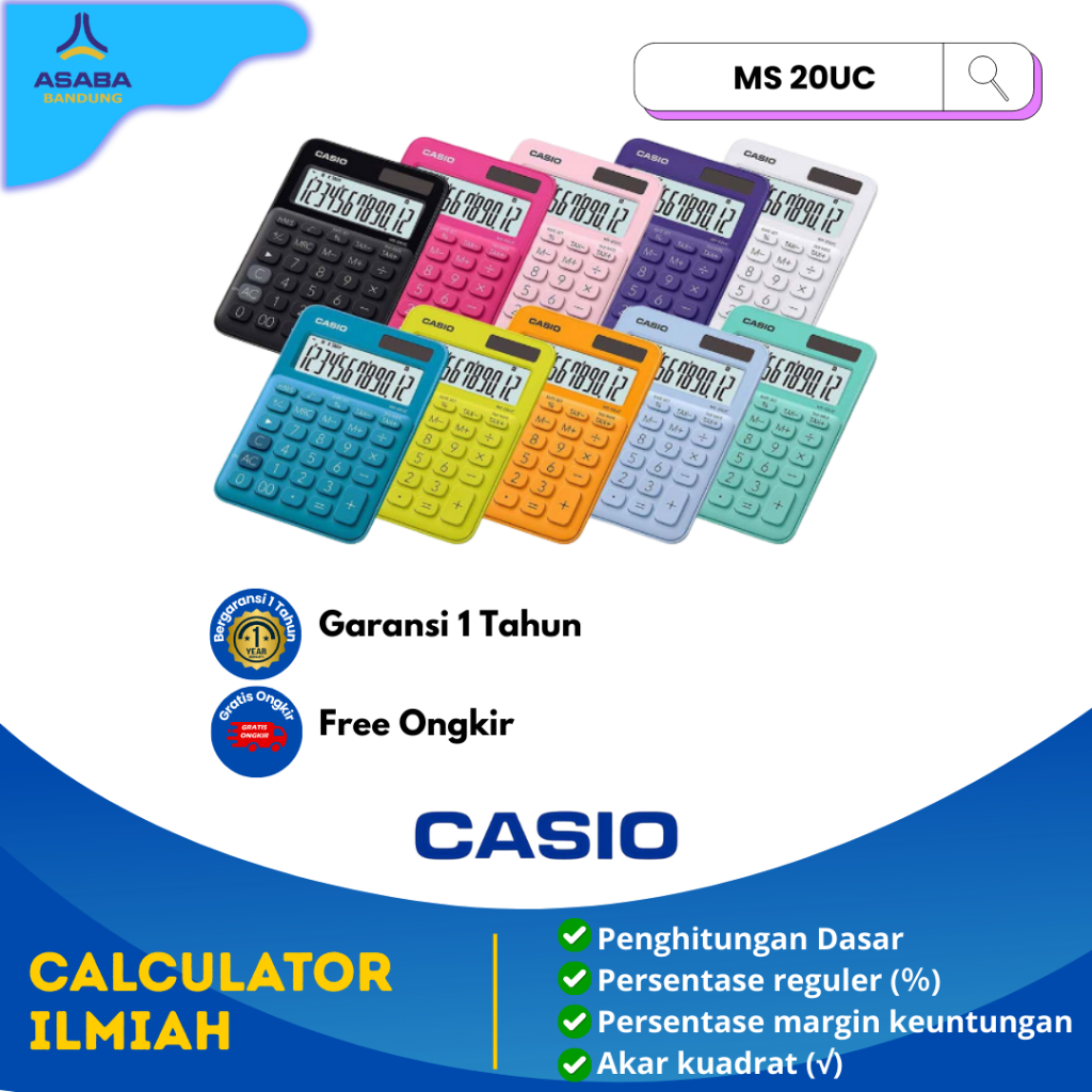 

Asaba Bandung - Casio Calculator MS-20UC - Kalkulator Kantor - Seri Colorful - 12 digit