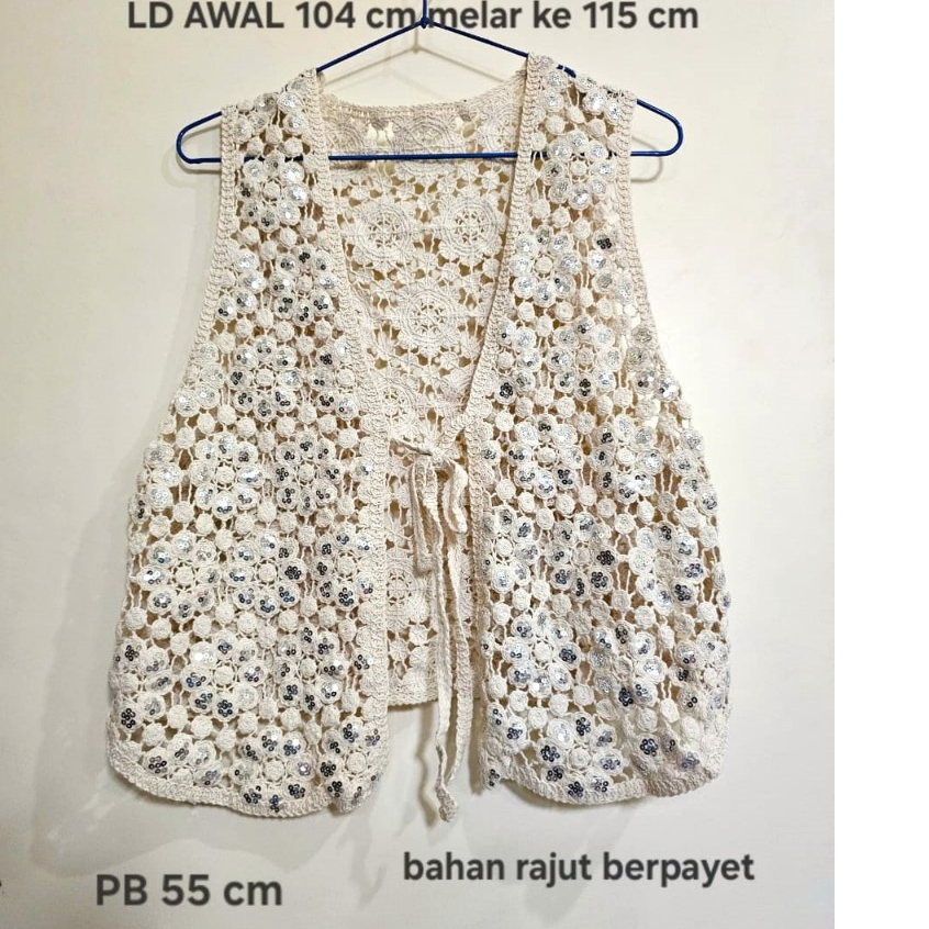 vest rajut GZ motif bunga berpayet model tali bahan rajut cream
