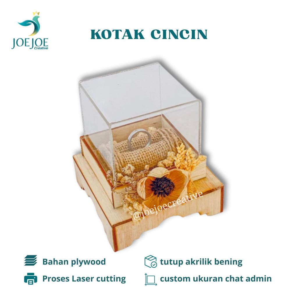 Kotak Cincin Pernikahan Kayu Akrilik Gaya Rustic bonus Custom Nama