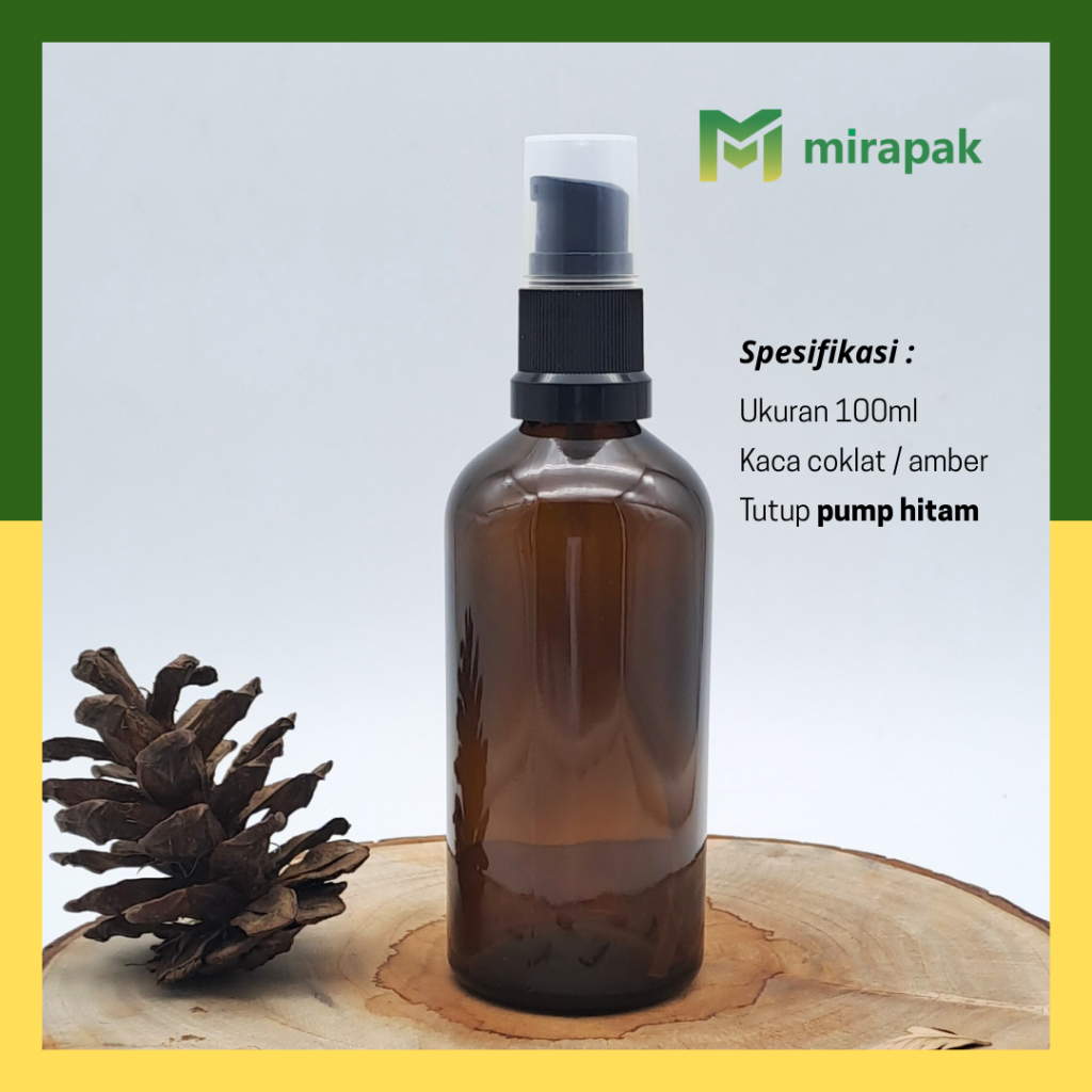 BOTOL PUMP LOTION 100ML COKLAT AMBER KACA TEBAL - TUTUP HITAM PUMP LOTION PUNDAK PLASTIK - 18BL