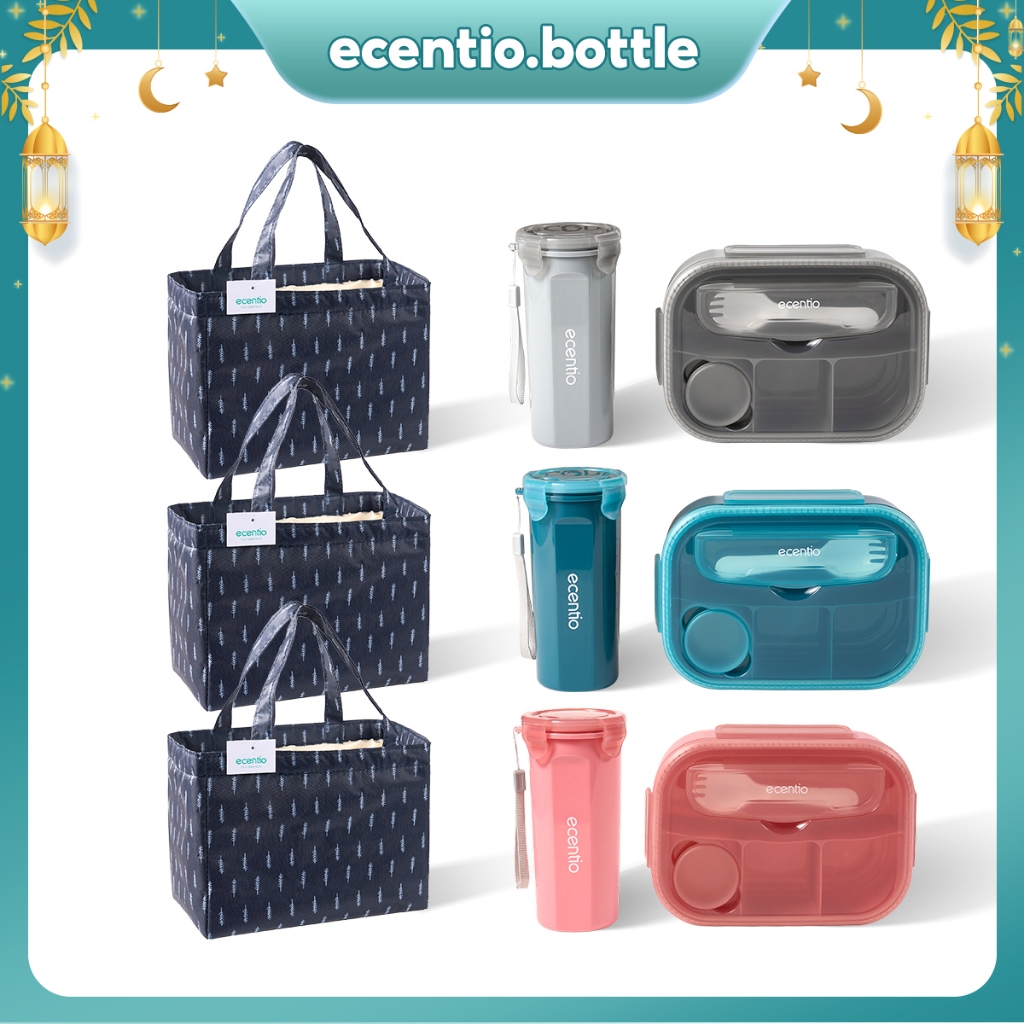 ecentio Lunch Box Set 4 Grid Anti Tumpah Dan Tas/Kotak Bekal Makan Botol Minum Free Sendok Tempat Ma