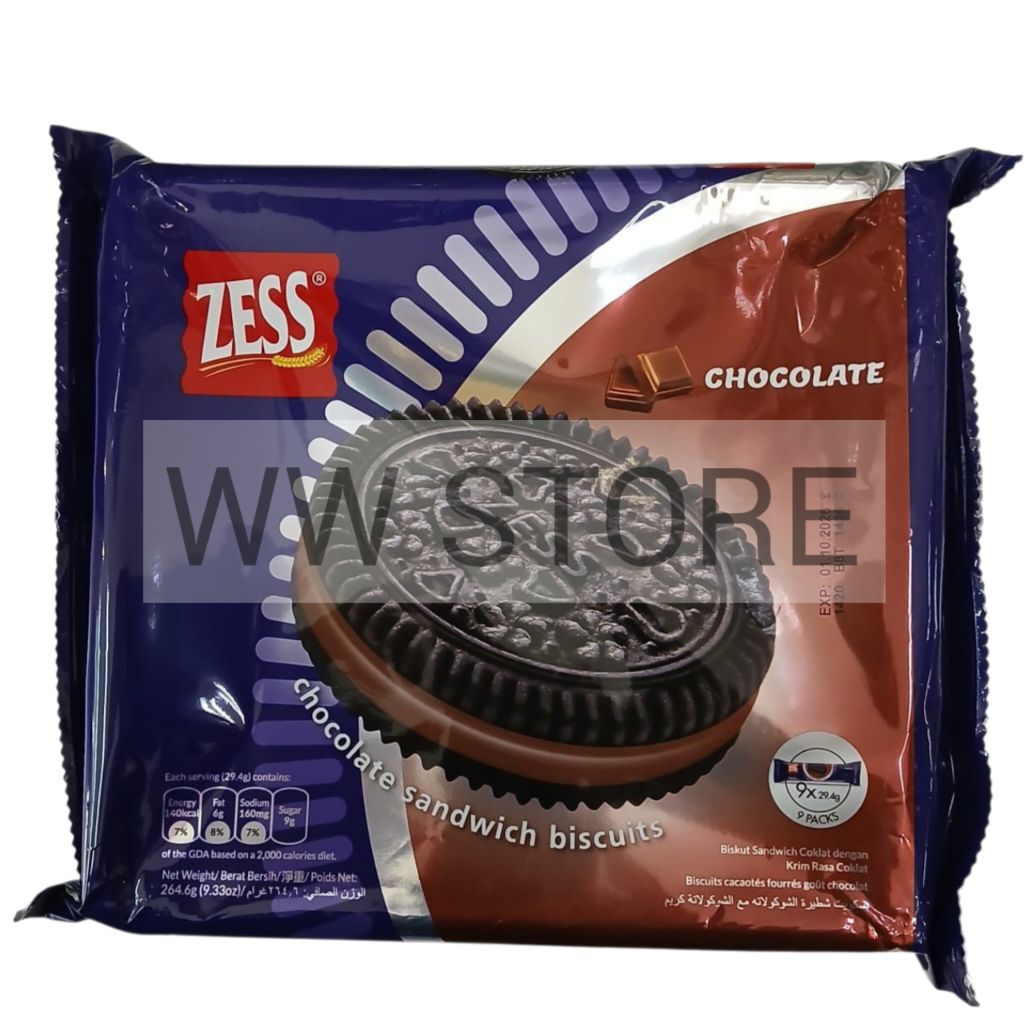 

Biskuit cokelat lapis krim rasa coklat halal MUI Malaysia Malaysian ORIENTAL ZESS Chocolate Sandwich Cream biscuit biscuits 264.6g ( 9 pack packs sachet sachets x 29.4g )