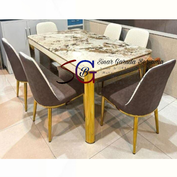 MEJA MAKAN IMPORT + 6 KURSI MAKAN / MEJA MAKAN IMPORT BATU MARMER + KAKI MEJA BESI GOLD / MEJA MAKAN