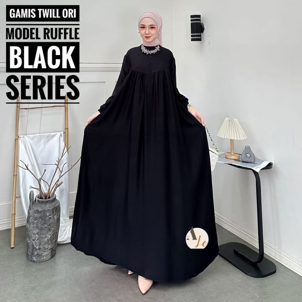 Gamis Hitam Twill Original Busui Zipper Saku Samping Kaftan Allsize & XL Ruffle Premium simple adem 