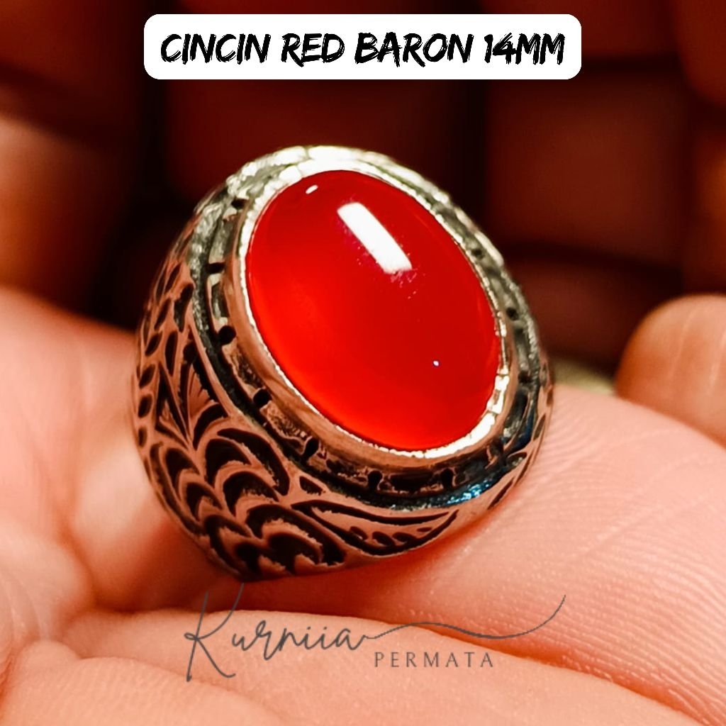 Cincin Batu Red Baron Dim 14mm / Merah Baron Asli Natural Merah Merona Rings Akik Alpaka Super Mewah