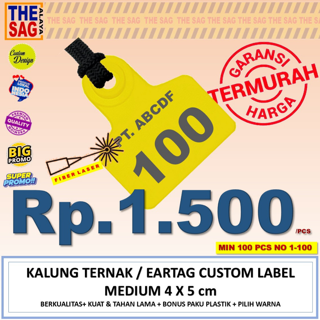 NECKTAG 4X5cm NO 1-100 + INISIAL (HARGA PER PCS PEMBELIAN MINIMAL 100 PCS) murah ear tag anting tern