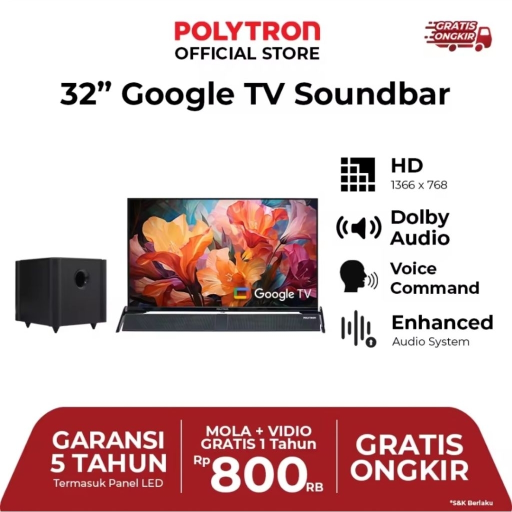 Polytron LED Smart Android TV 32" + Sound Bar Digital PLD 32BA5058