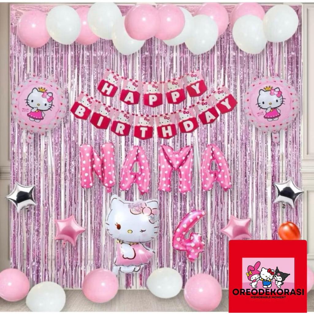 PAKET Set Ulang Tahun Anak BANNER HELLO KITTY CURTAIN Dekorasi Balon Hiasan Pesta / Dekorasi Ulang T
