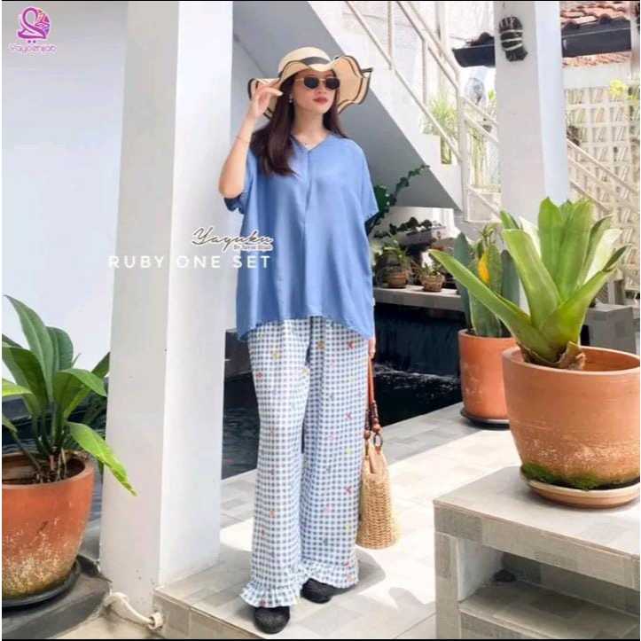 Ruby One Atasan Celana Panjang Set Daily Pajamas Kekinian Baju Wanita Tangan Pendek Rayon Twill The 
