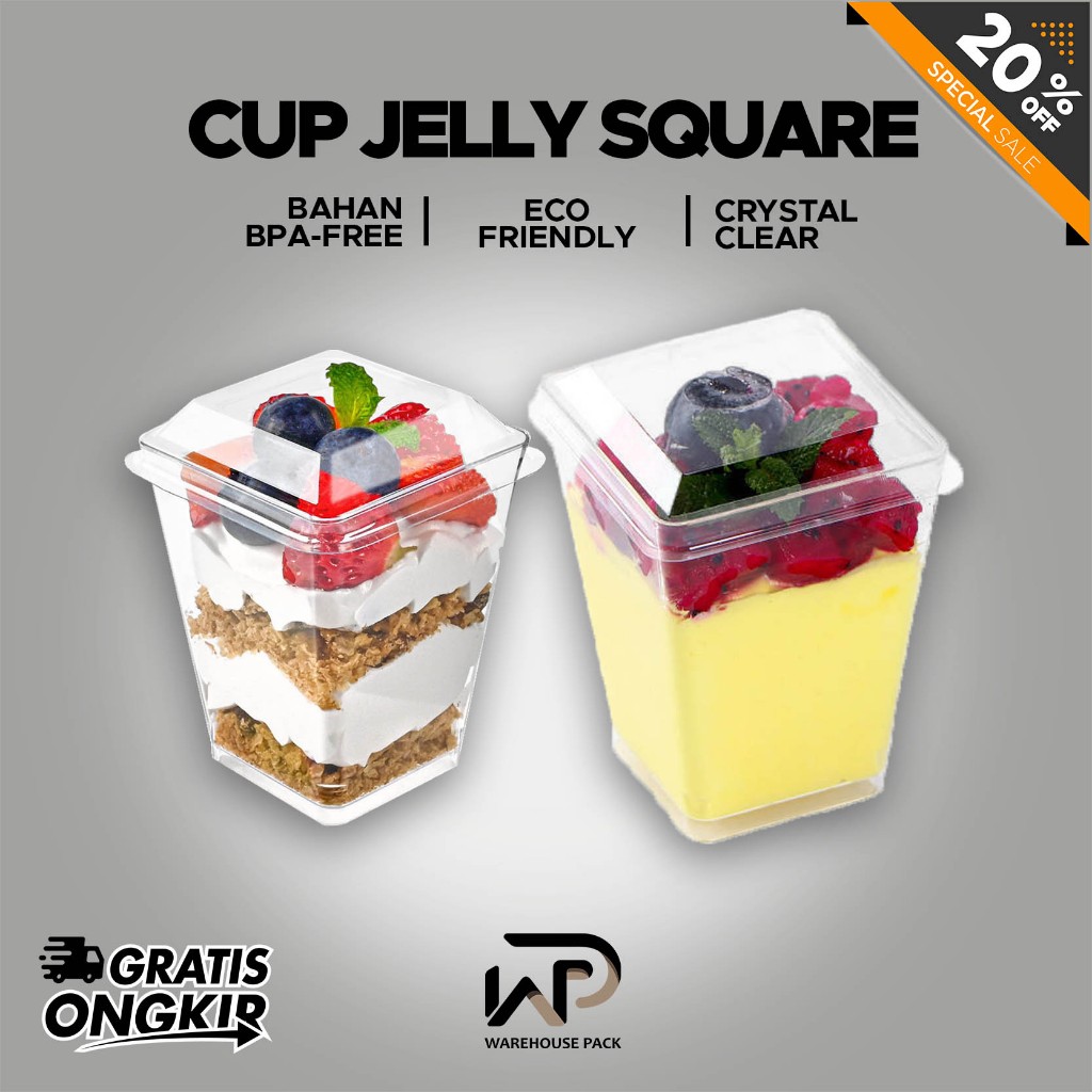 [ 10 PCS ] Cup Jelly Square + Tutup | Cup Dessert Cake Pudding | Tempat Makanan Gelas Pudding | Cup 