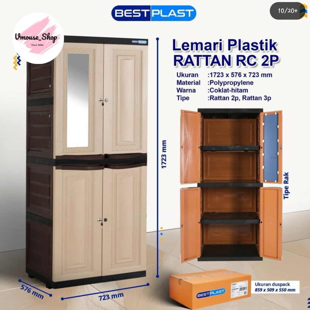 LEMARI PAKAIAN 2 PINTU PLASTIK FULL RAK CERMIN - LEMARI PAKAIAN 2 PINTU BESTPLAST MODEL RAK - LEMARI