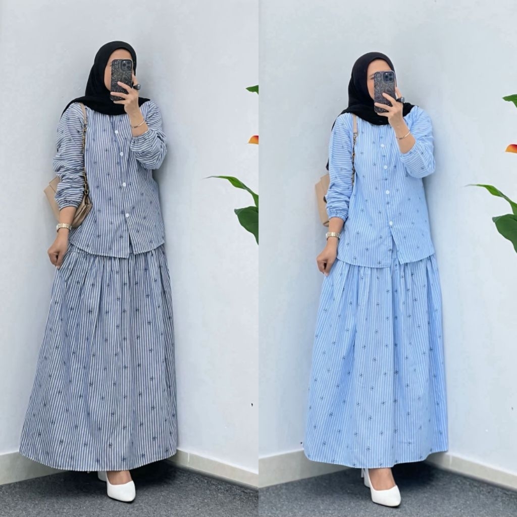 AZURA Set rok Salur katun / Set Kemeja Rok Denim