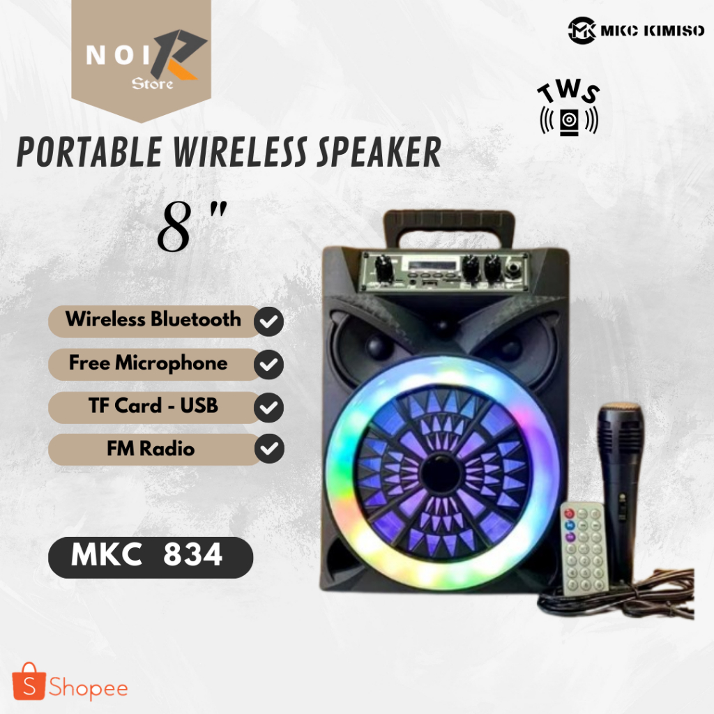 NOIR Speaker Buetooth Kimiso QS 834 Ukuran 8 Inch Free Microphone & Remote