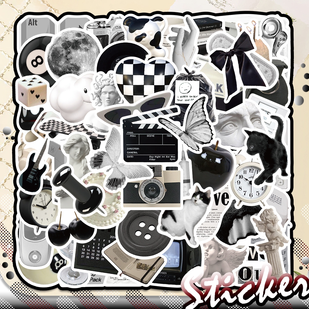 

61PCS Fashion INS Gaya Stiker Tahan Air DIY Hitam & Putih hal Cocok untuk HP/Laptop/Buku Harian/kulkas/Koper/papan luncur/gelas/Helm/sepeda motor/ski