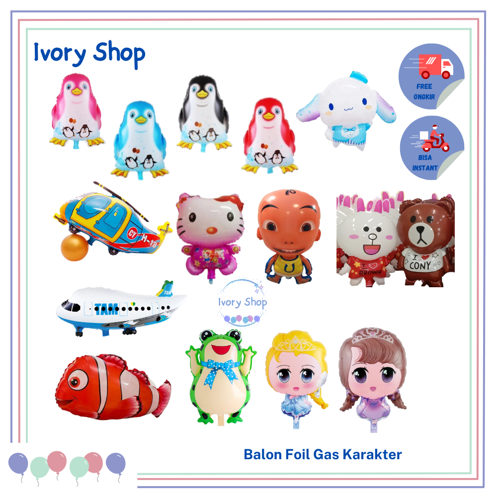 Balon Gas Karakter Animal Penguin Nemo Hiu Katak Pesawat Hello Kitty Helikopter Cinamorol Bangau Hiu
