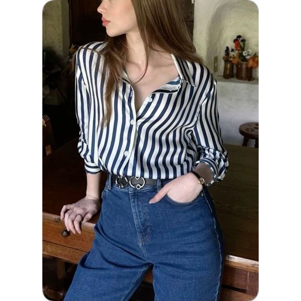 Atasan Kemeja Wanita Basic Salur Lengan Panjang Kemeja Wanita Korean Style/ Atasan Blouse Casual Dai