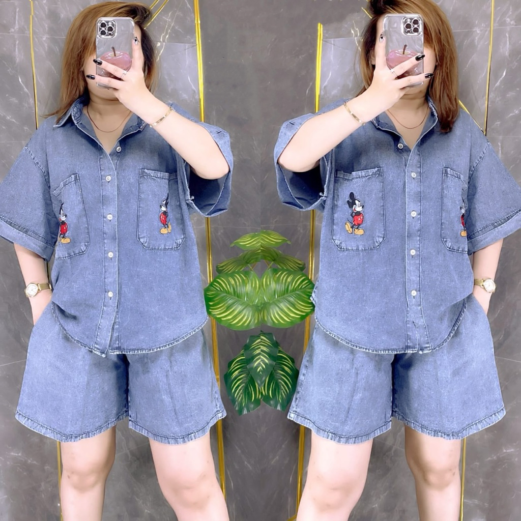 2641 SETELAN HP KEMEJA JEANS BORDIR SAKU MICKEY LD124 WANITA|ONE SET CELANA PENDEK|SETELAN DENIM|ONE