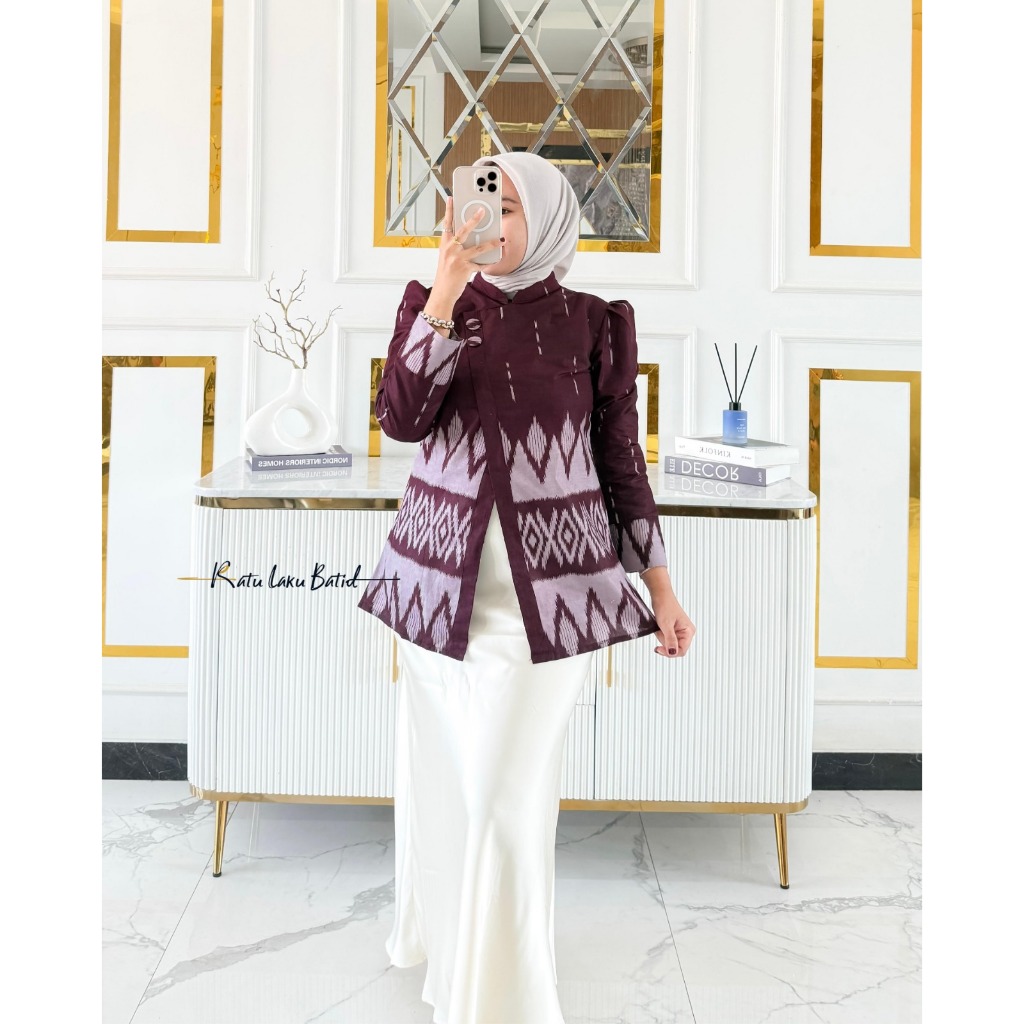Atasan batik wanita modern lengan panjang puffy blouse Edora model kebaya janggan by ratu laku batik