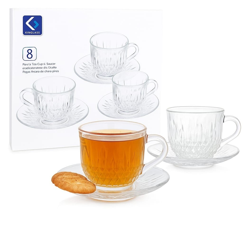 SET GELAS KACA/ GELAS TEH/ GELAS KOPI/  4GELAS + 4PIRING TATAKAN GELAS MINUM KACA KIMGLASS ISI 220ML