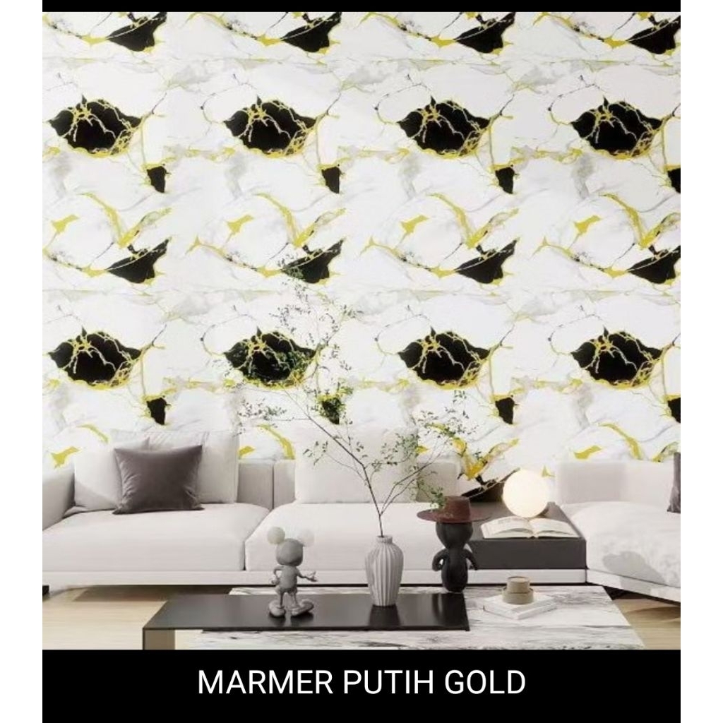WALLPAPER DINDING MARMER HITAM PUTIH GOLD PVC