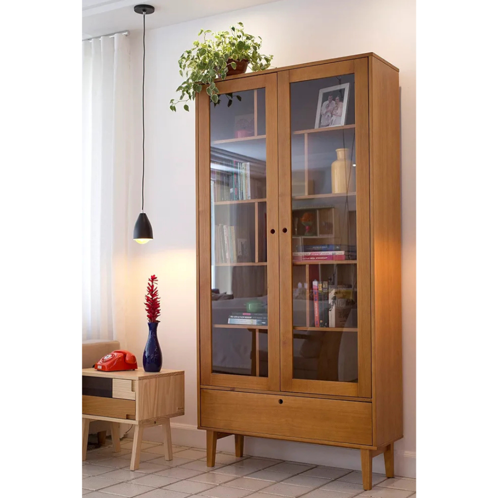 Kayukozy - Lemari Pajangan Kaca Kayu Jati Minimalis – Lemari Hias 2 Pintu + Laci Bawah