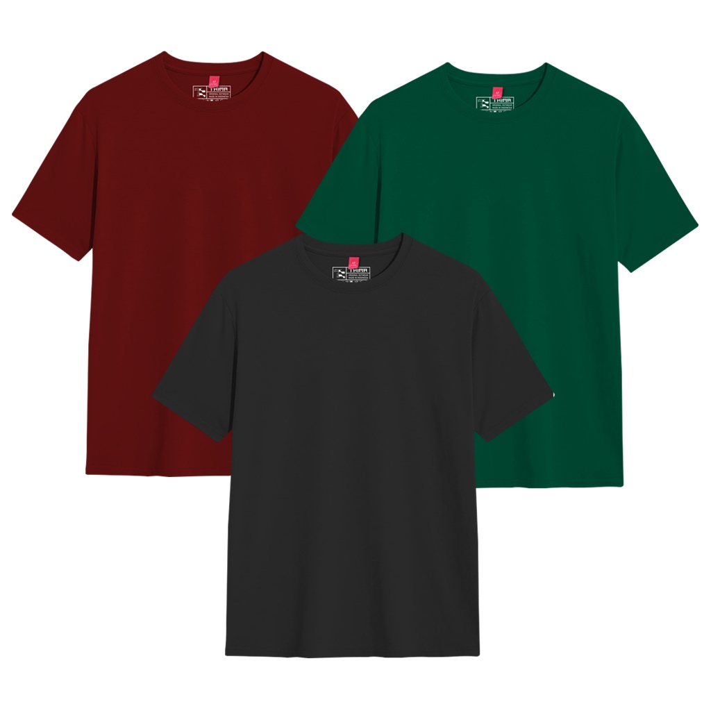 Bundling 3 Pcs Kaos Lengan Pendek Polos Original Dsitro Marun Hitam Hijau Botol