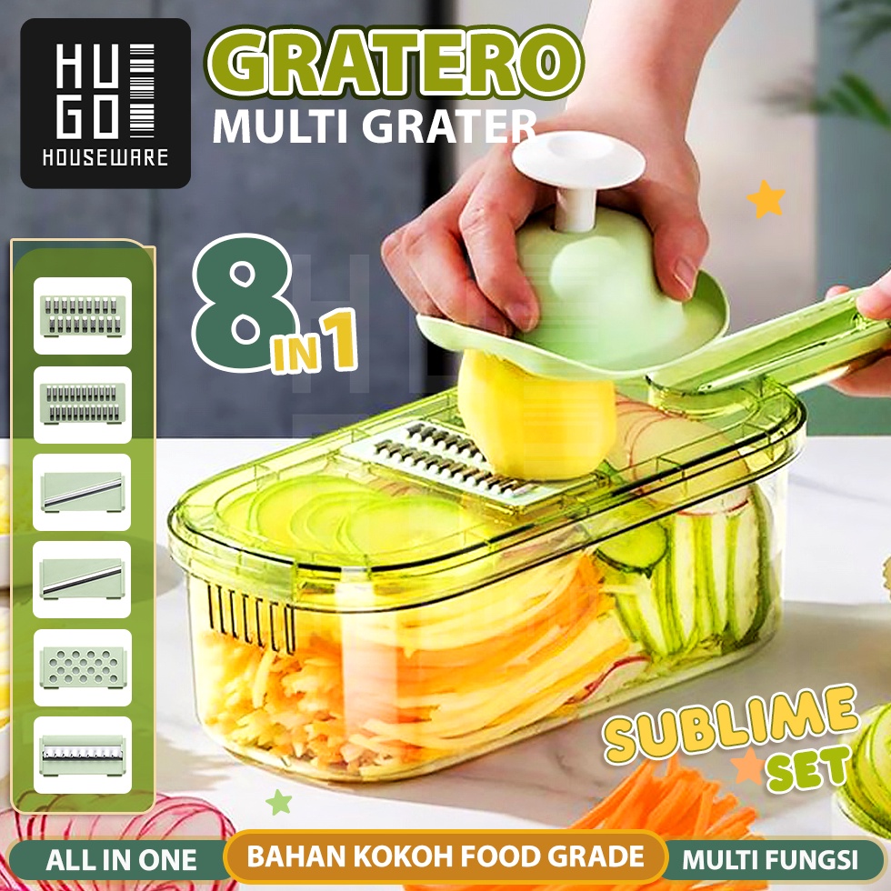 Baru HUGO Parutan Sayur dan Buah 8 in 1 Parutan Serbaguna Pemotong Iris Sayur dengan Wadah Premium Q