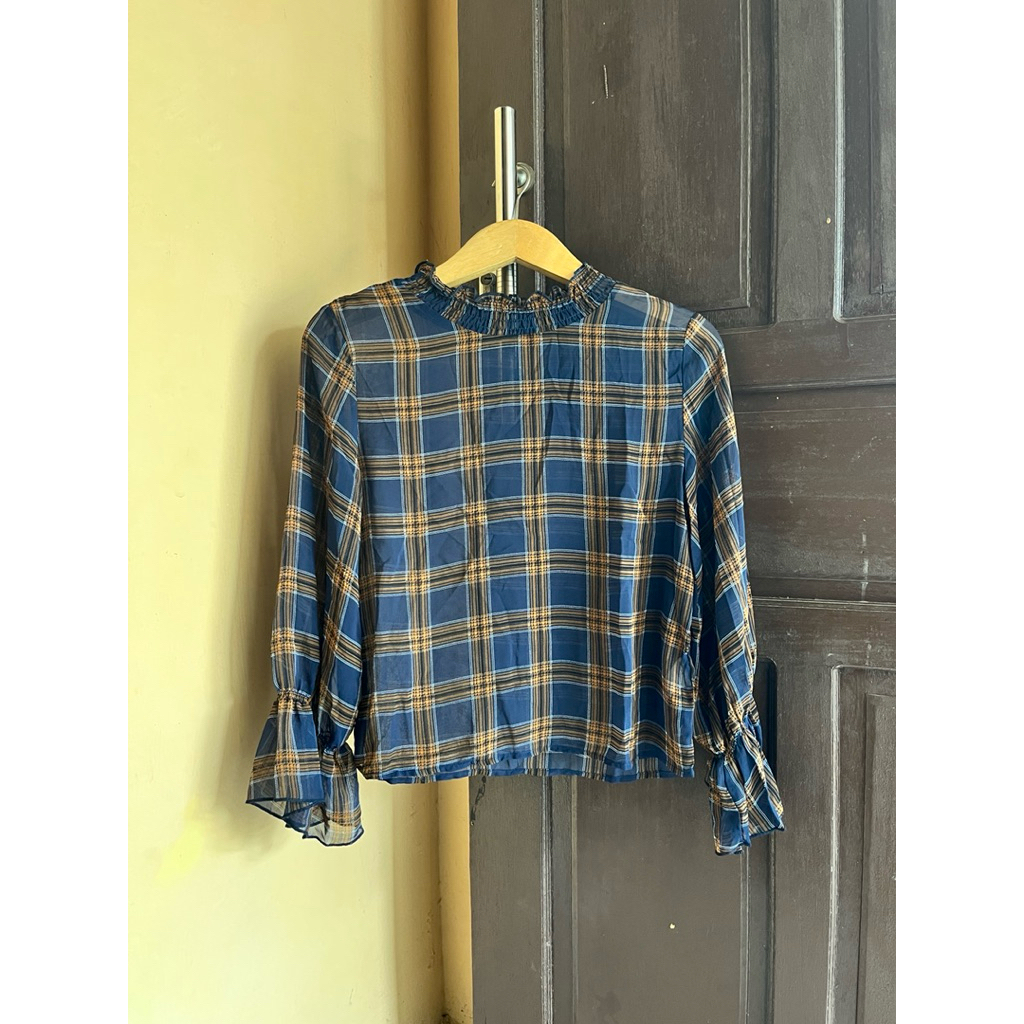 blouse sifon tartan kotak tangan balon korean style baju atasan top wanita murah cantik