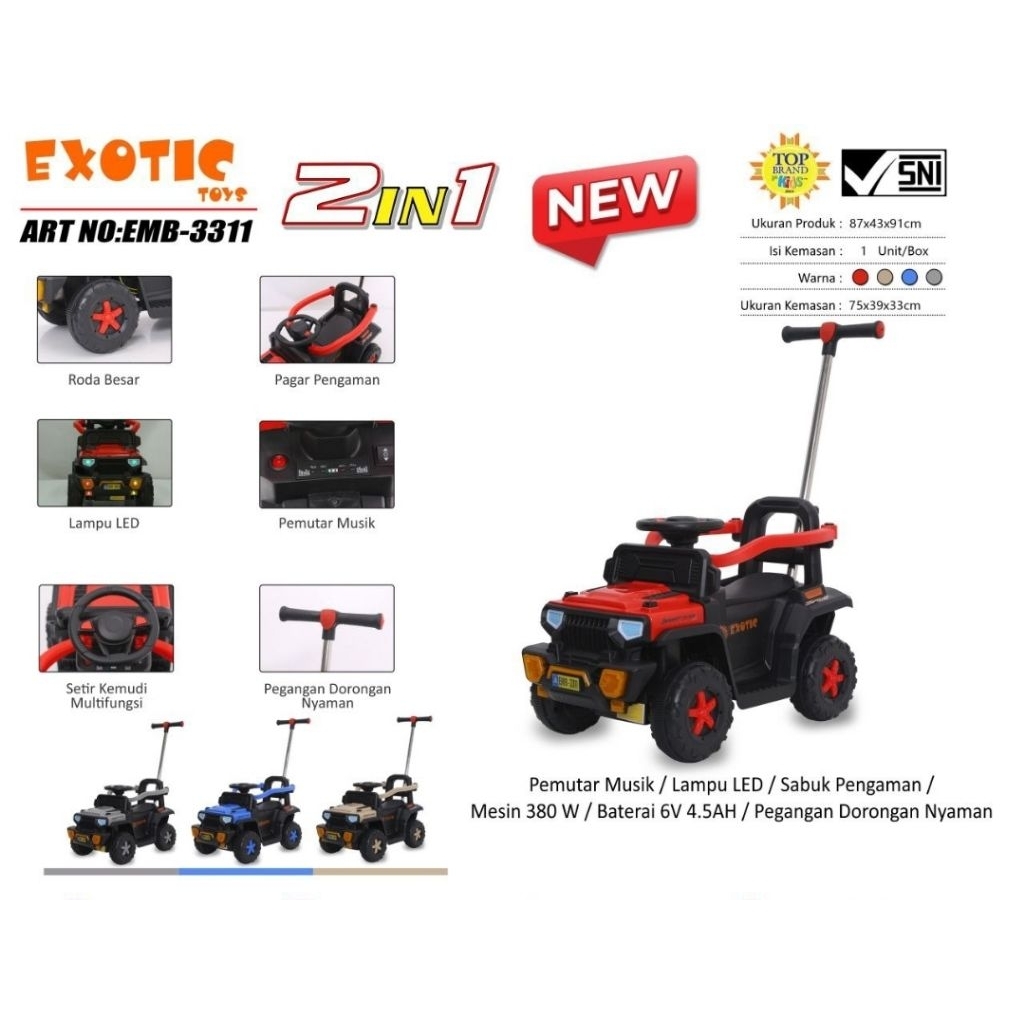 Mainan Anak Kendaraan Aki 2 in 1 Exotic EMB 3311 Aki dan Stir
