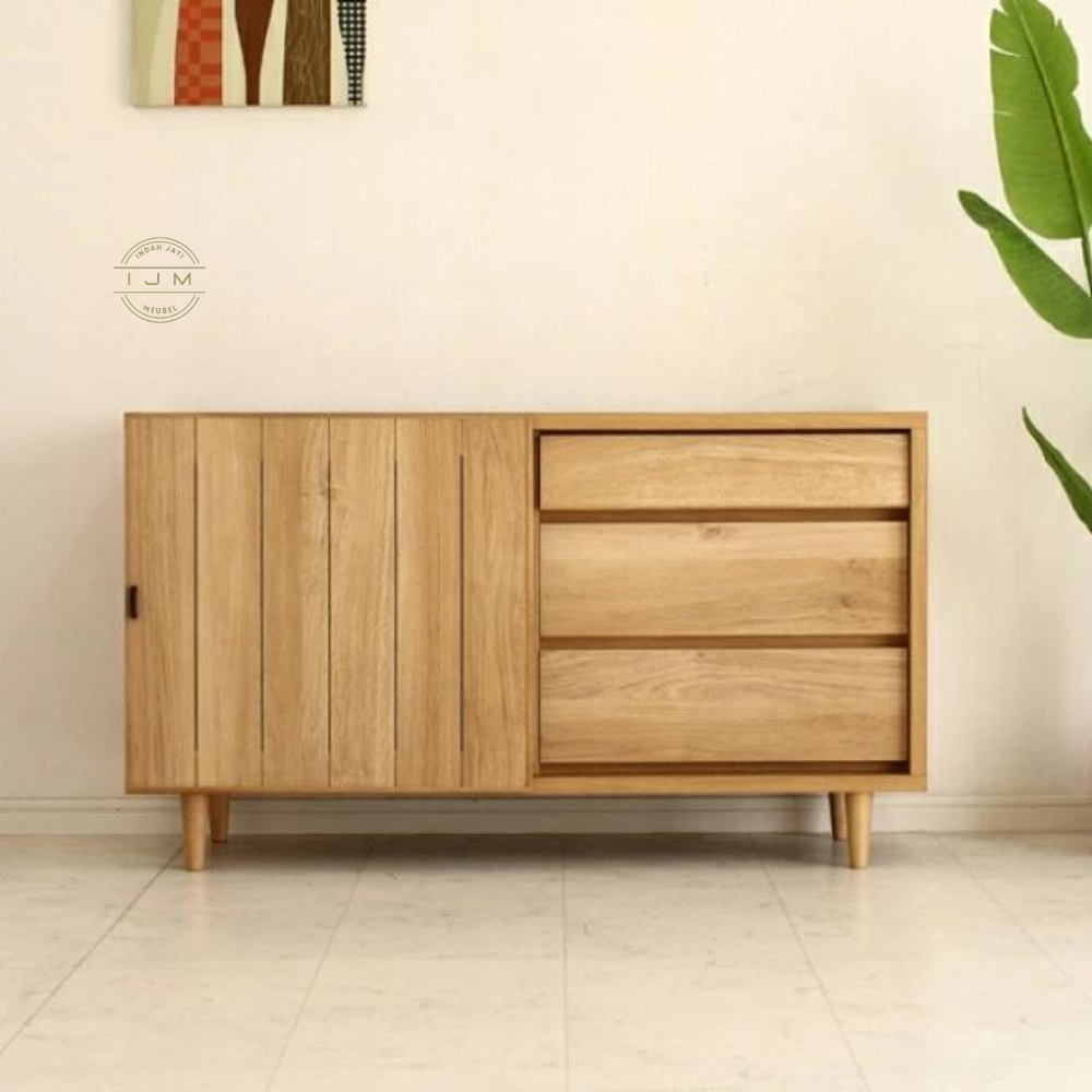 Bufet TV Minimalis Kabinet Credenza Modern Model Terbaru 3 Laci 1 Pintu Sleding Modern Kayu Jati Sol