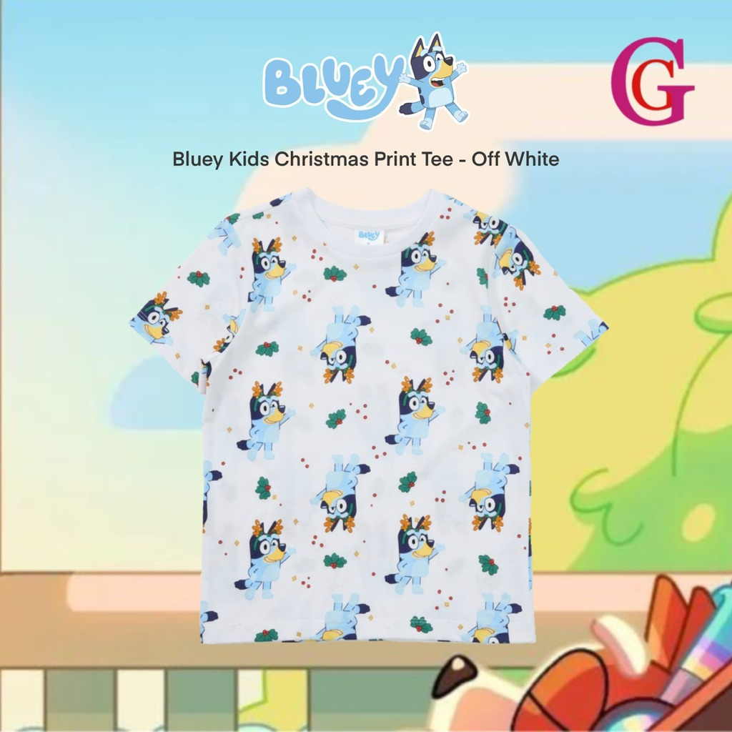 BLUEY KIDS CHRISTMAS PRINT TSHIRT - OFFWHITE | KAOS BLUEY | KAOS NATAL BLUEY | KAOS ANAK KATUN