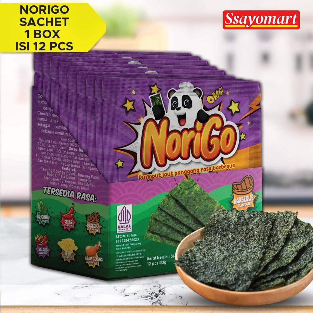 

Norigo BBQ (1 BOX ISI 12 PCS) / Nori Sachet Seaweed Snack 3g Rumput Laut Halal Rasa BBQ