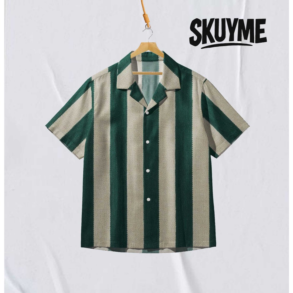 SKUYME Kemeja Pria Fullprint Lengan Pendek Motif Garis Vertikal Retro | SK-Grs