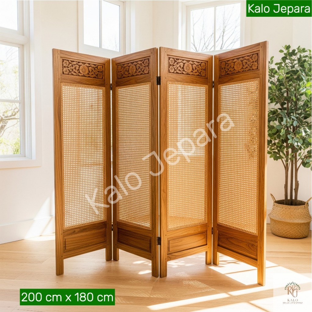 Partisi Ruangan Tamu Kayu Jati 4 Lipat Anyaman Rotan Pembatas Ruang Sketsel Jepara Klasik