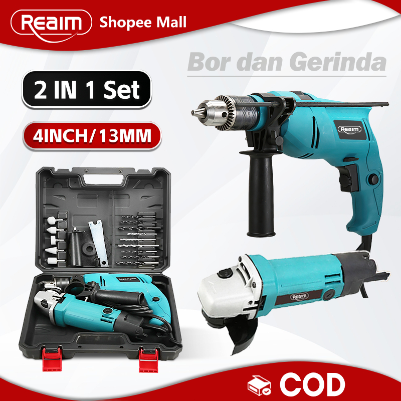 Reaim Mesin Gerinda Tangan dan Mesin Bor Listrik 13mm Set Gerinda dan Bor Paket Bor Gerinda Bor dan 