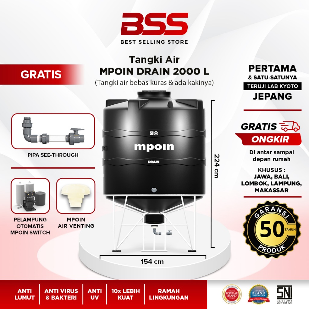 Tandon Tangki Air MPOIN DRAIN 2000 liter bebas kuras - Garansi 50 Tahun -  Anti Lumut & Food Grade