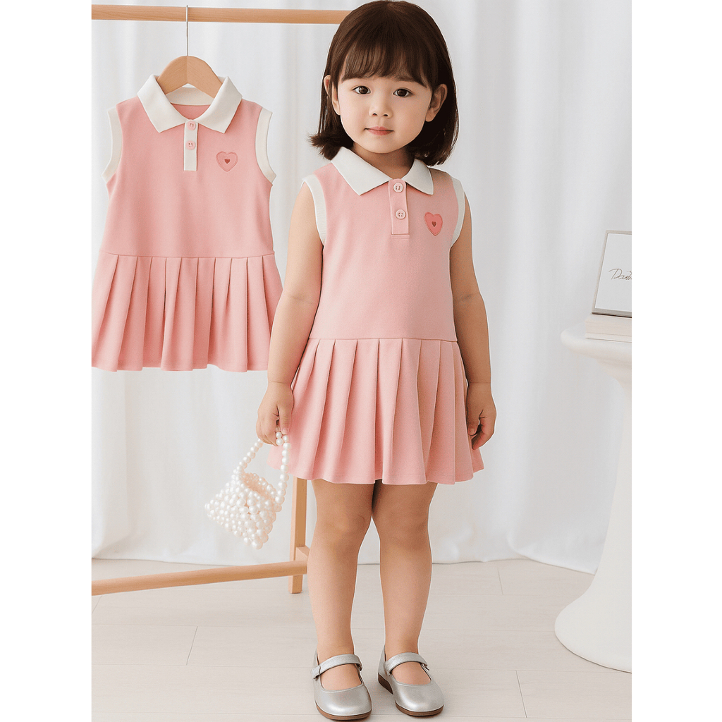 Dress Anak - Setelan Anak Perempuan / Dress Korea Pink Lucu dengan Rok Plisket & Bordir Hati