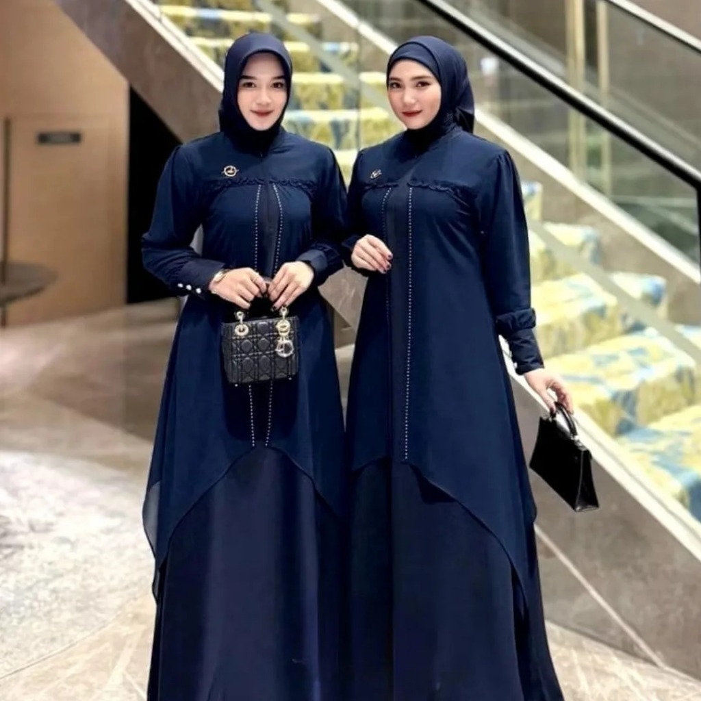 Jasmine Gamis Ceruty Babydoll Premium Aplikasi Swarovski Dua Layer Warna Maroon Hitam Dress Lebaran 