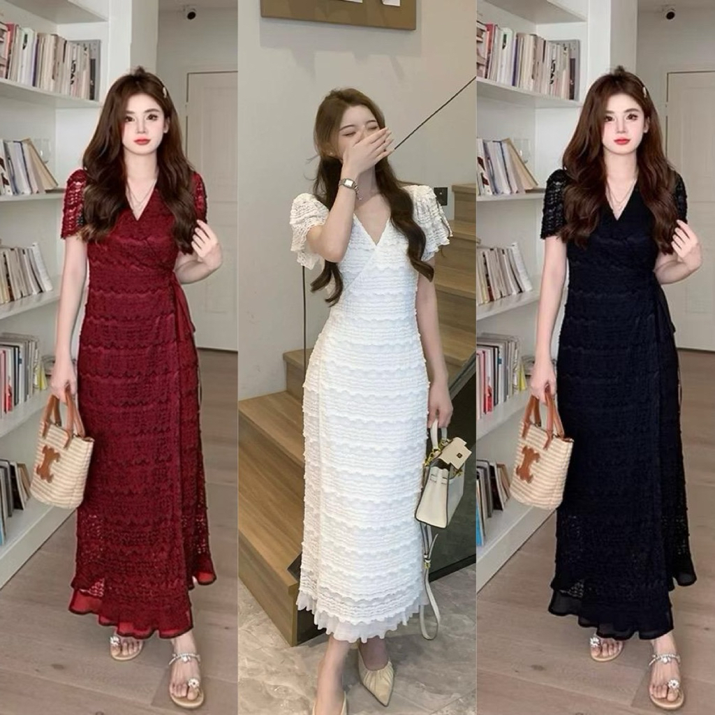 D370 Elegant kimono dress v neck brukat lengan pendek maroon hitam putih / midi dress